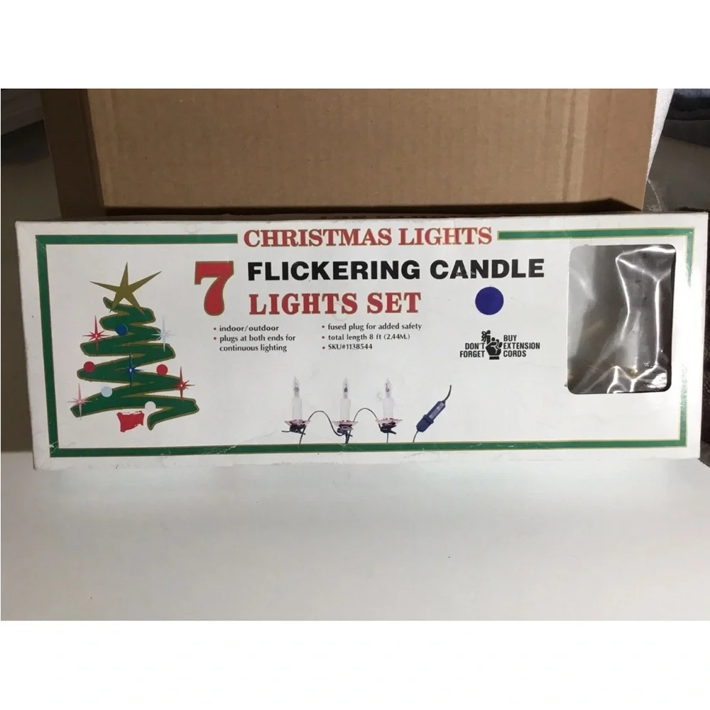 Everglow String of 7 Flicker Candle Flame Christmas Lights, Green Wire